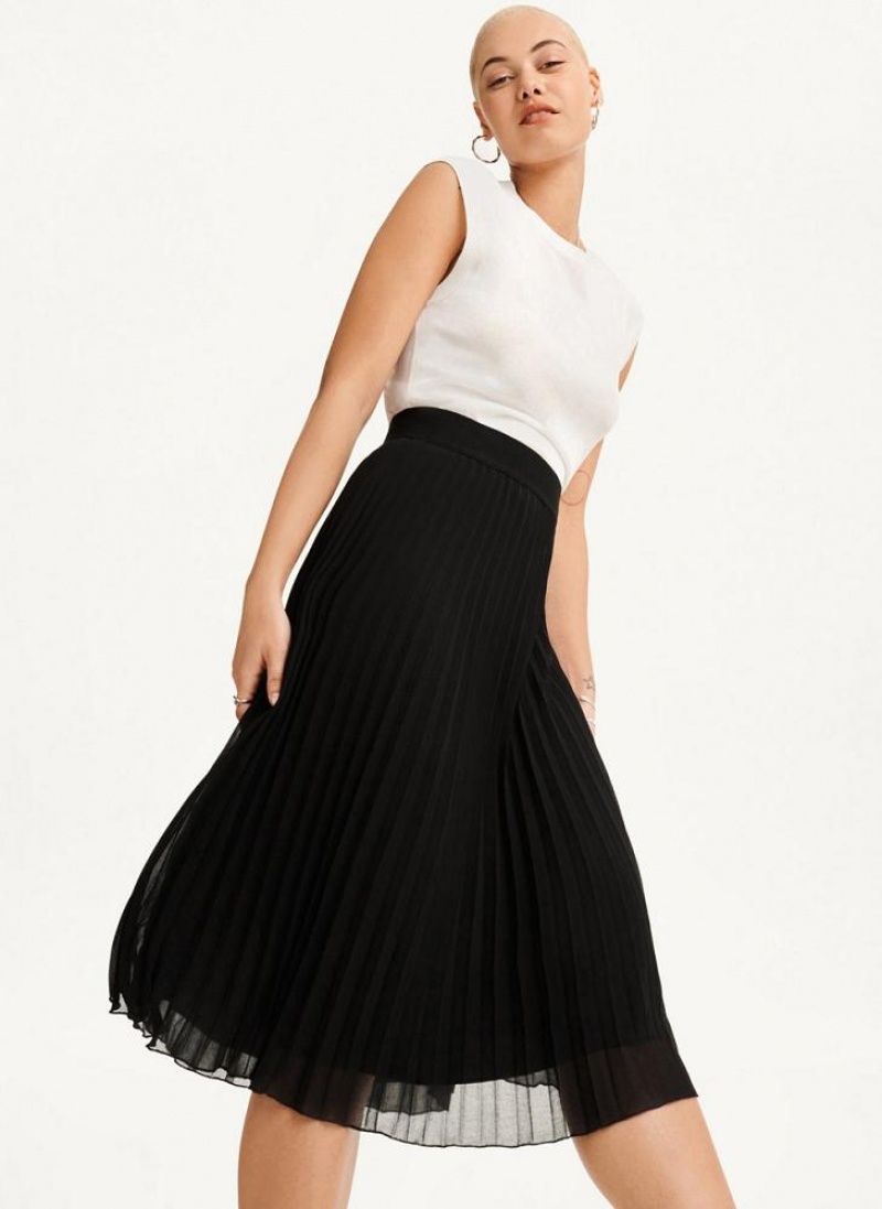 Black DKNY Pull On Pleated Midi Women's Skirts | USA-D1239