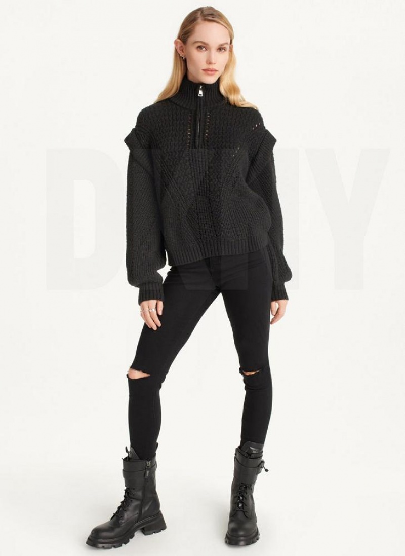 Black DKNY Quarter Zip Cable Knit Women's Sweaters | USA-D0192