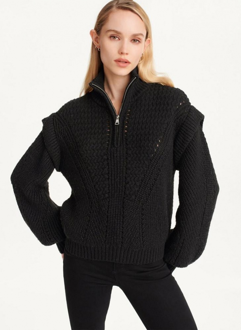 Black DKNY Quarter Zip Cable Knit Women\'s Sweaters | USA-D0192