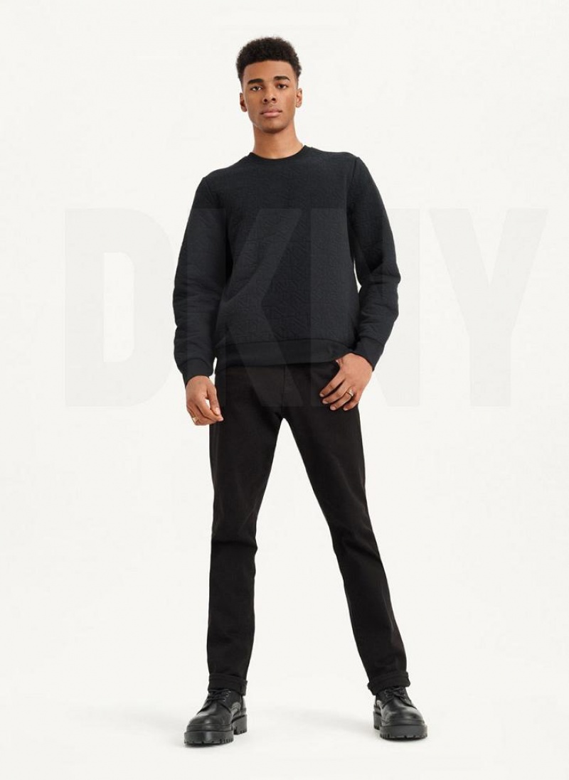 Black DKNY Quilted Knit Allover Logo Crewneck Men's Sweatshirts | USA-D1812