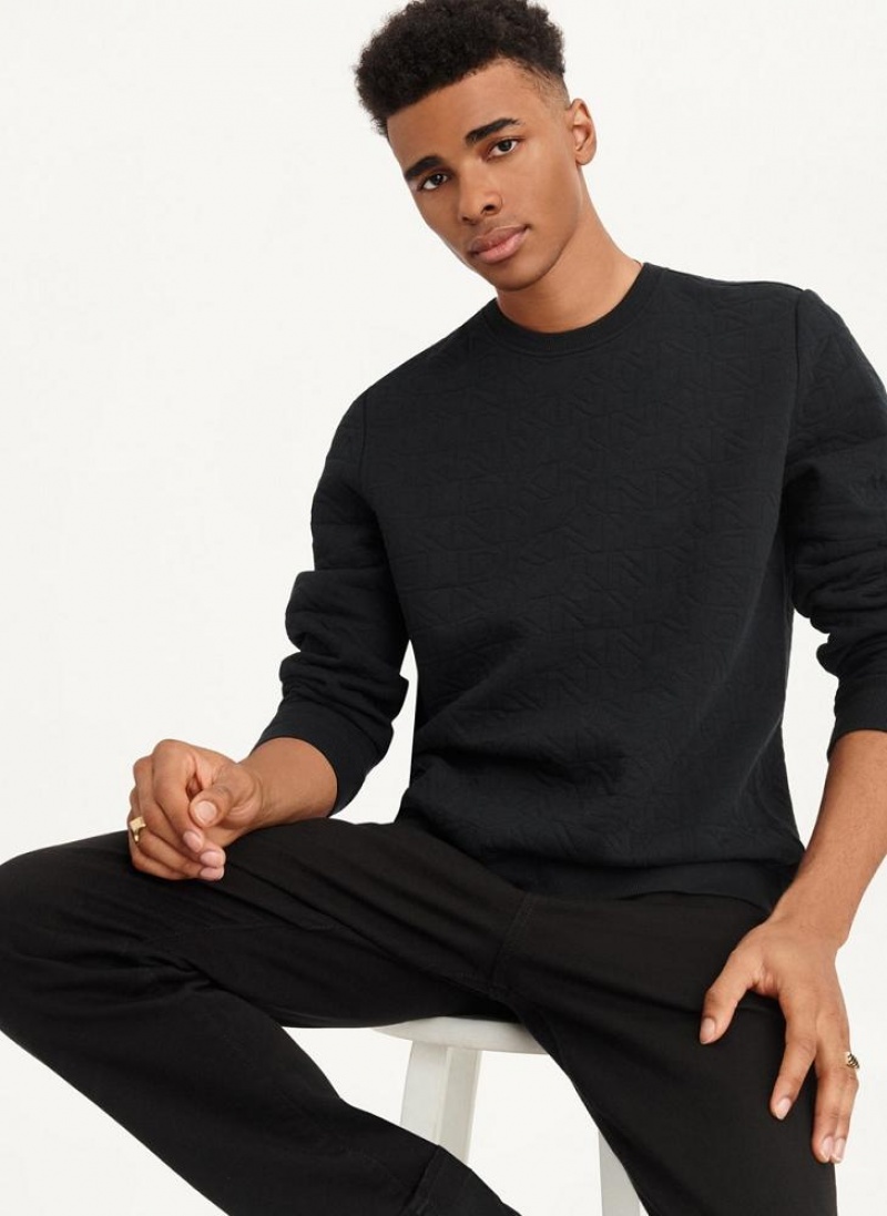 Black DKNY Quilted Knit Allover Logo Crewneck Men's Sweatshirts | USA-D1812