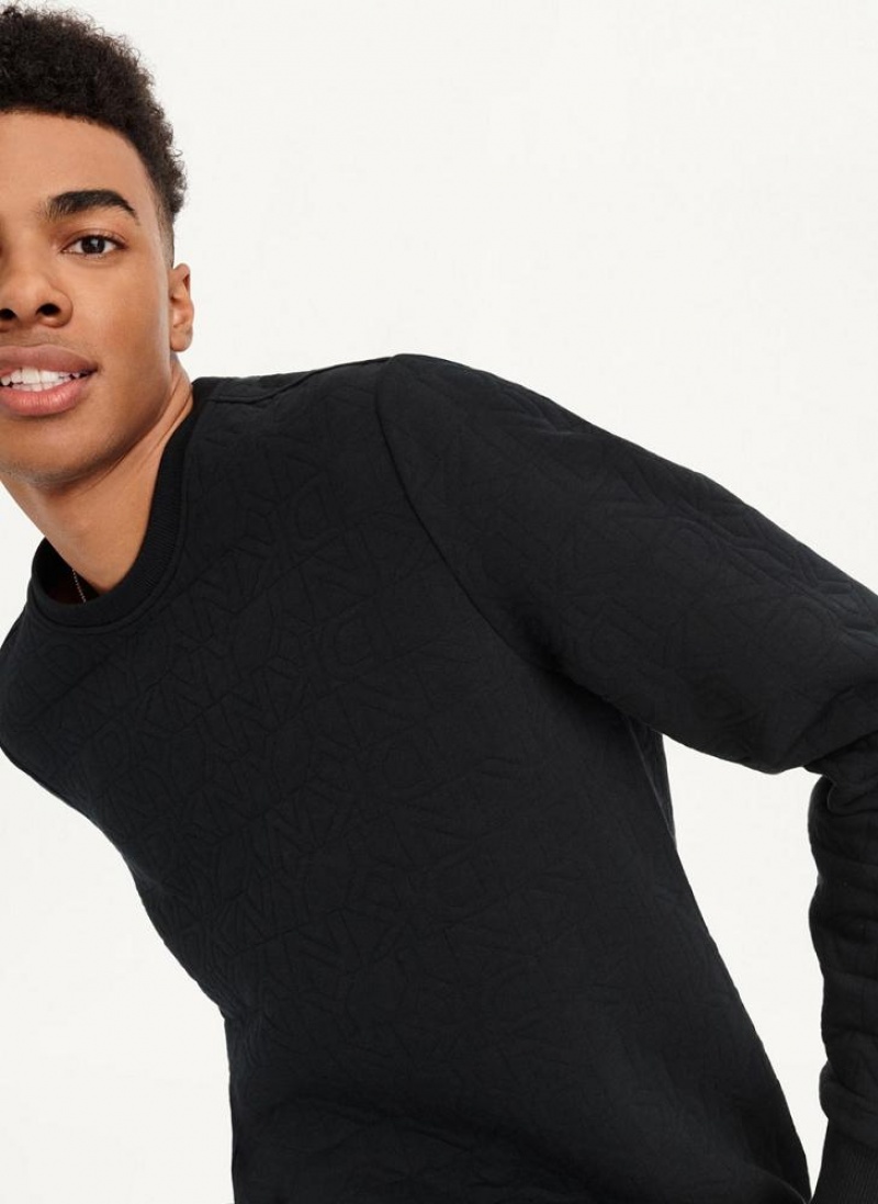 Black DKNY Quilted Knit Allover Logo Crewneck Men's Sweatshirts | USA-D1812