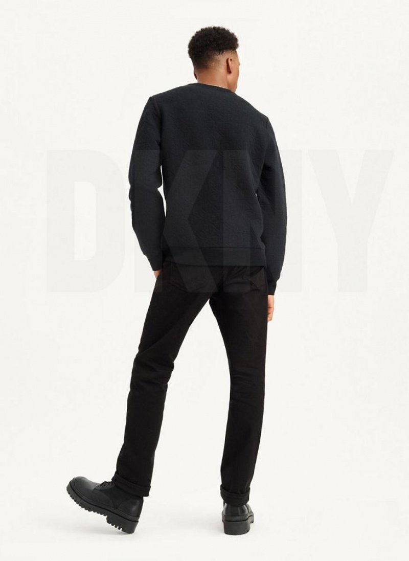 Black DKNY Quilted Knit Allover Logo Crewneck Men's Sweatshirts | USA-D1812