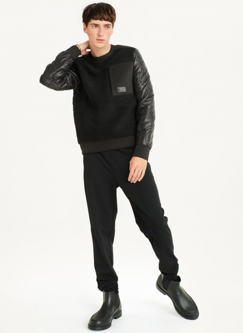 Black DKNY Quilted Sleeve Crew Neck Men's Sweatshirts | USA-D1599