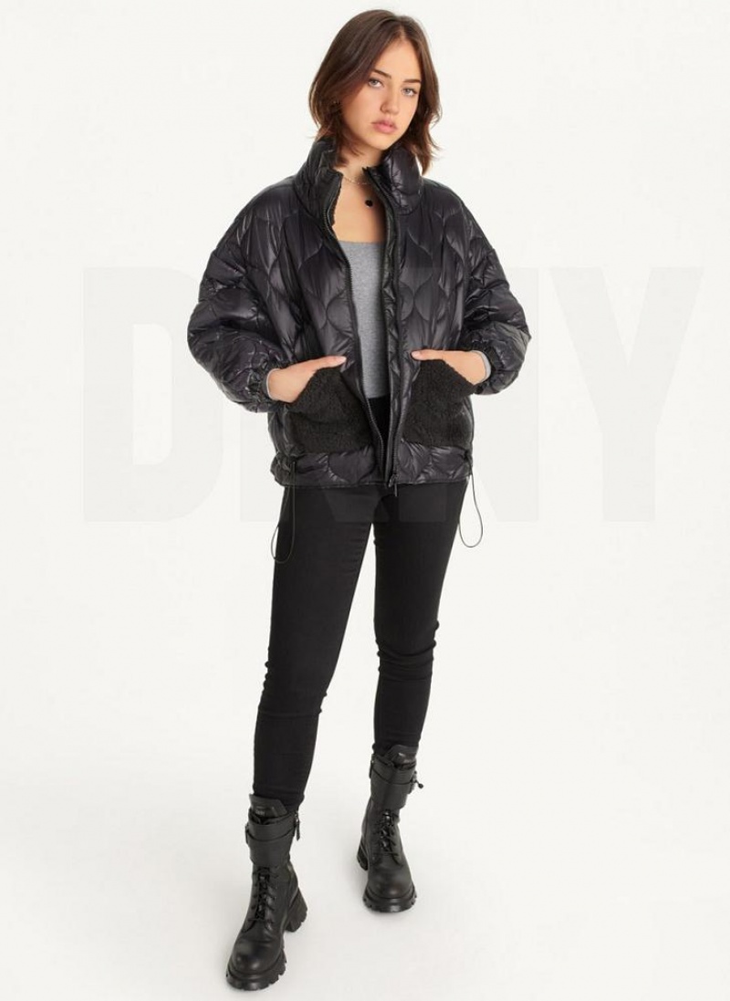 Black DKNY Quilted With Sherpa Pockets Women's Coats | USA-D0322