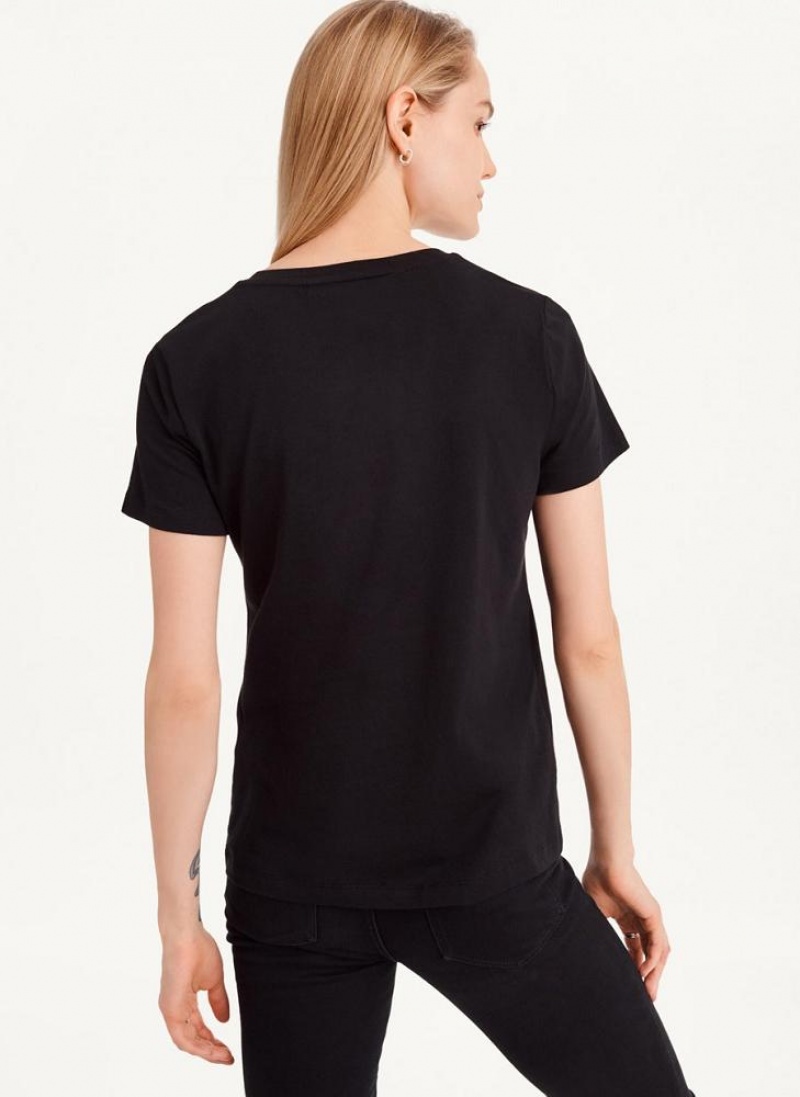 Black DKNY Rhinestone Glitter Logo Women's T Shirts | USA-D0168