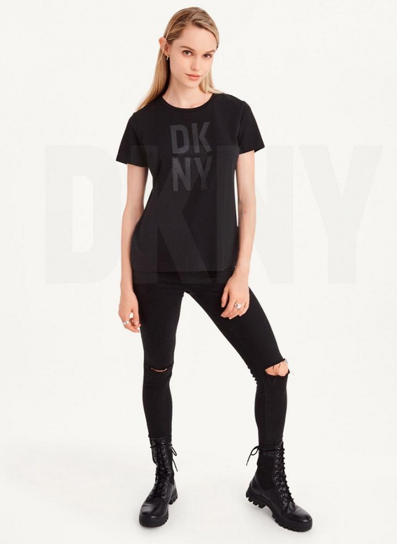 Black DKNY Rhinestone Glitter Logo Women's T Shirts | USA-D0168