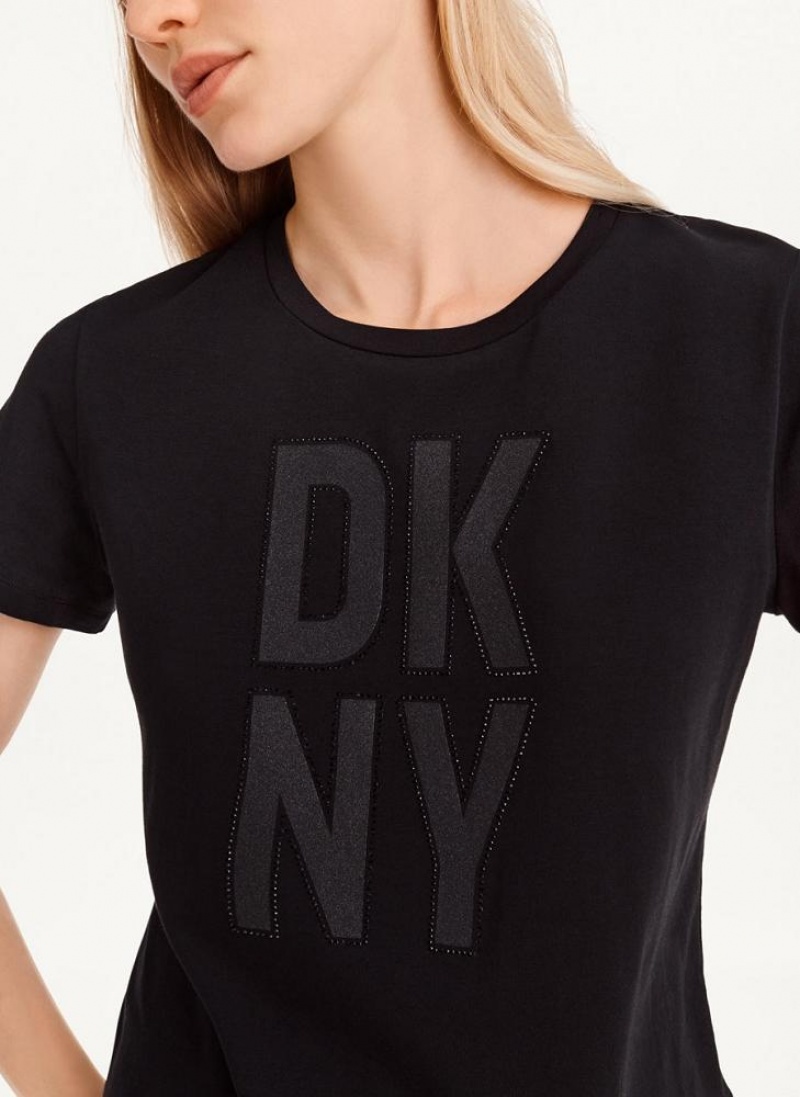 Black DKNY Rhinestone Glitter Logo Women's T Shirts | USA-D0168