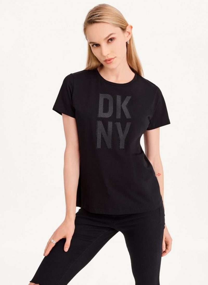 Black DKNY Rhinestone Glitter Logo Women\'s T Shirts | USA-D0168