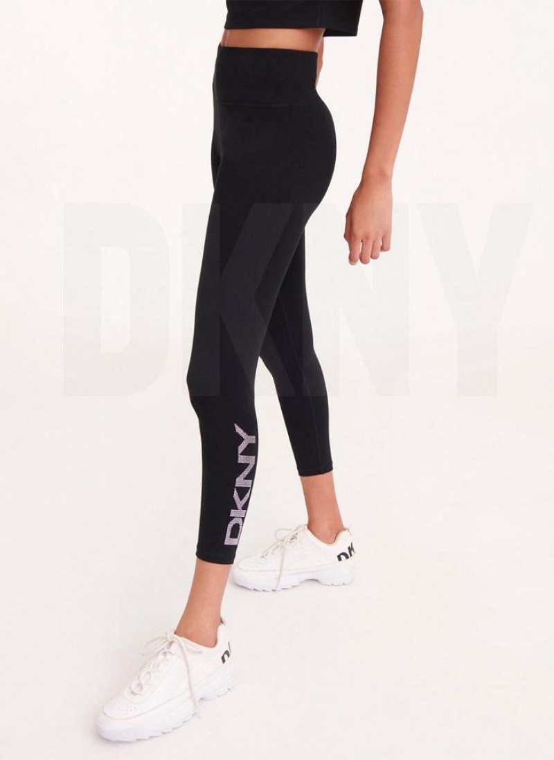 Black DKNY Rhinestone Logo High Waist Women's Leggings | USA-D0715