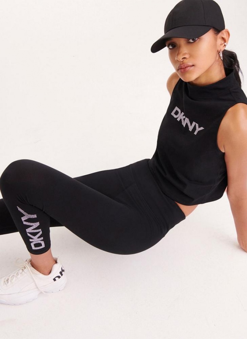 Black DKNY Rhinestone Logo High Waist Women's Leggings | USA-D0715
