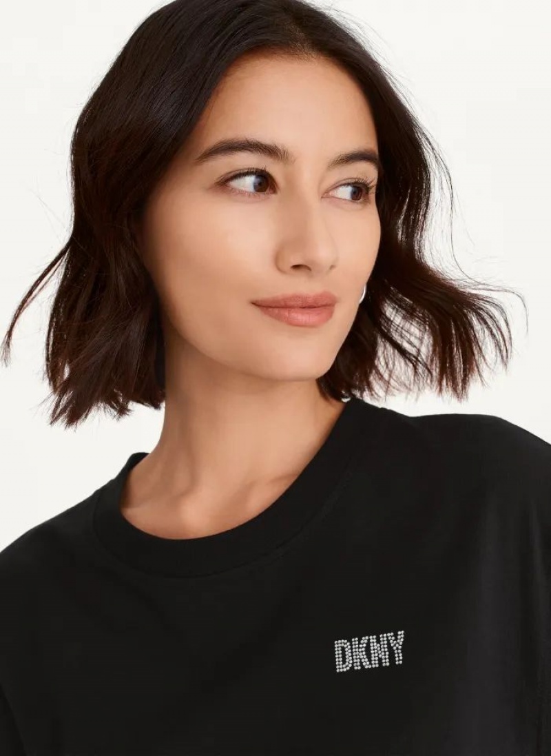 Black DKNY Rhinestone Logo T-Shirt Women's Dresses | USA-D0213