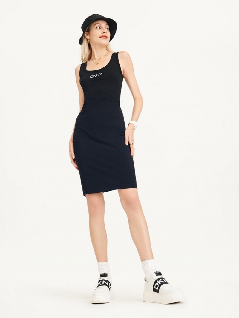 Black DKNY Rhinestone Logo Tank Women's Dresses | USA-D0820