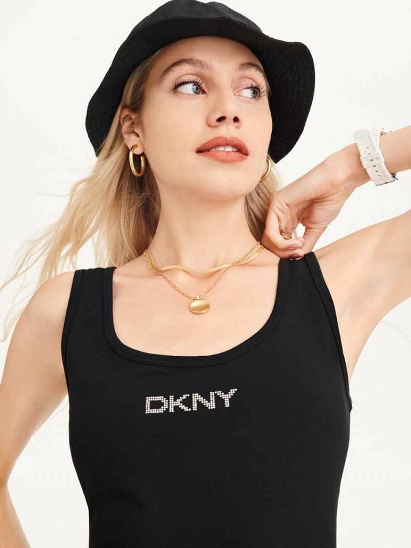 Black DKNY Rhinestone Logo Tank Women's Dresses | USA-D0820