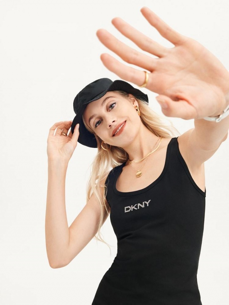 Black DKNY Rhinestone Logo Tank Women's Dresses | USA-D0820