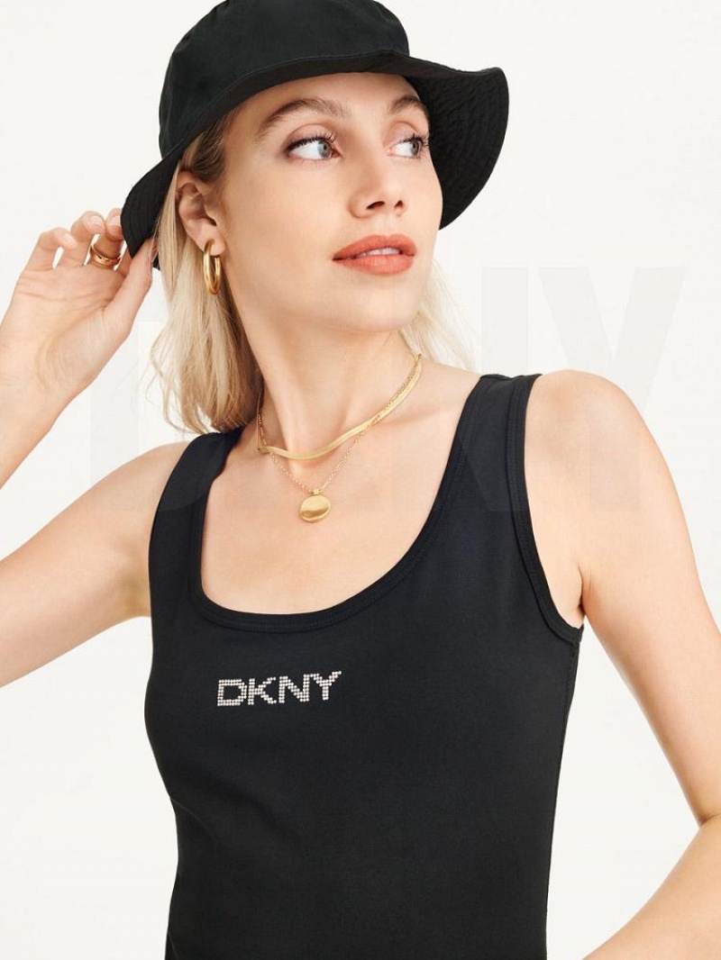 Black DKNY Rhinestone Logo Tank Women's Dresses | USA-D0820
