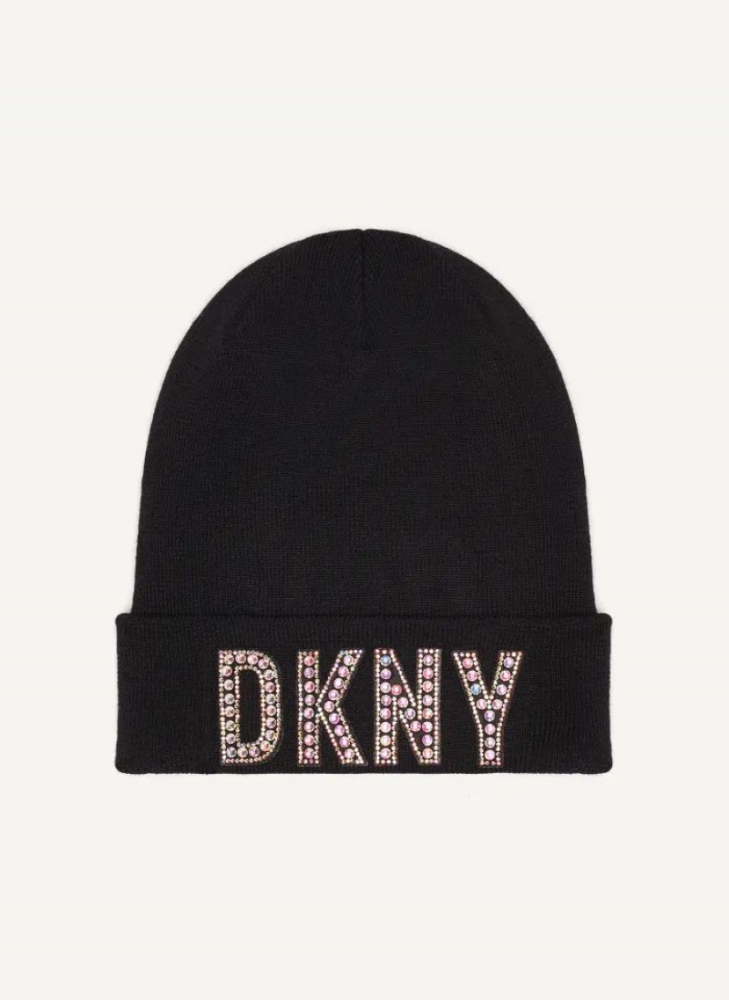 Black DKNY Rhinestone Patch Logo Beanie Women's Beanie | USA-D1043