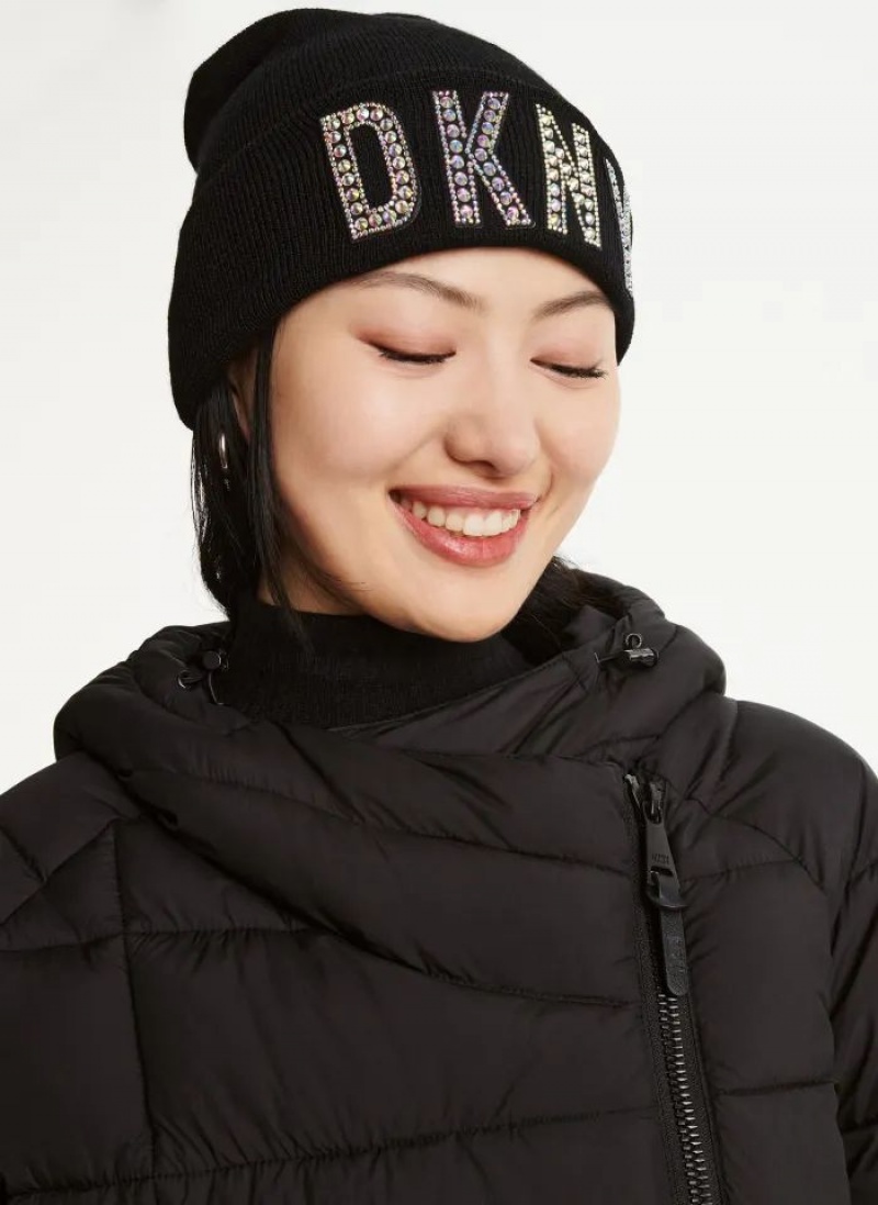 Black DKNY Rhinestone Patch Logo Beanie Women\'s Beanie | USA-D1043