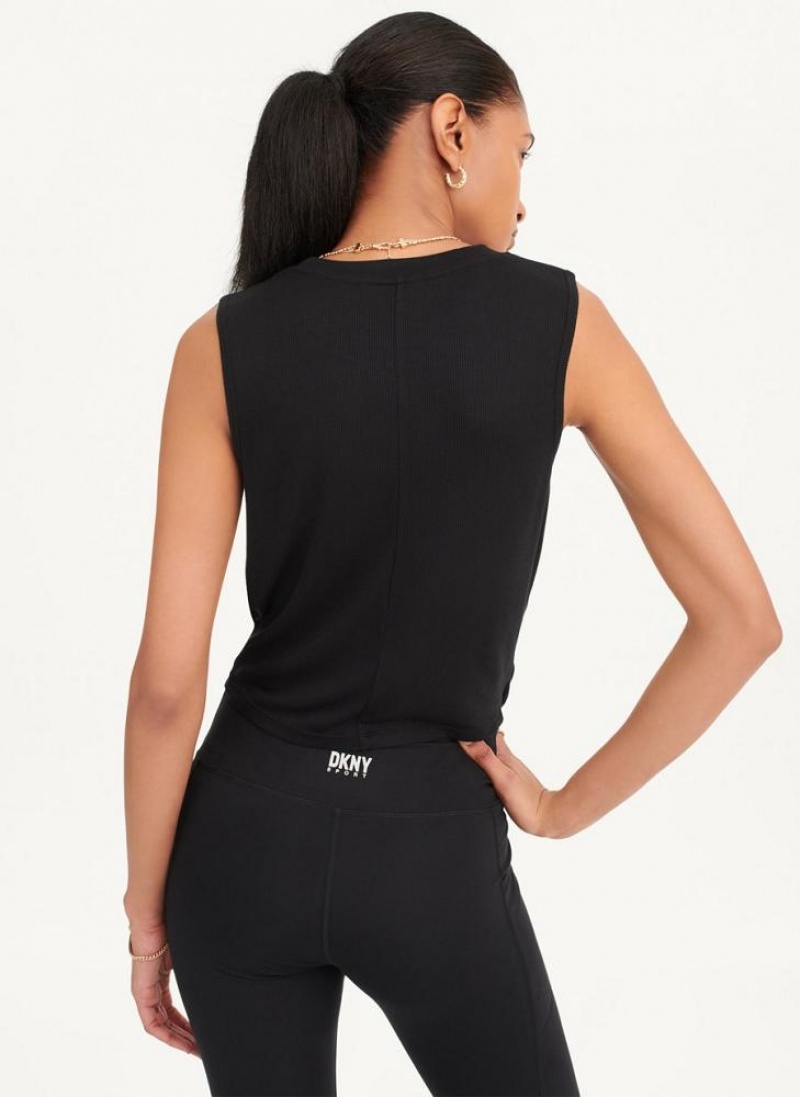 Black DKNY Rib Twist Front Women's Tank Tops | USA-D0565