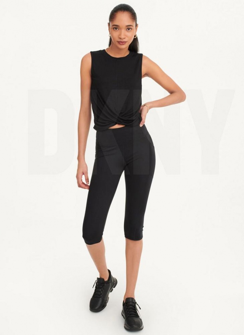 Black DKNY Rib Twist Front Women's Tank Tops | USA-D0565
