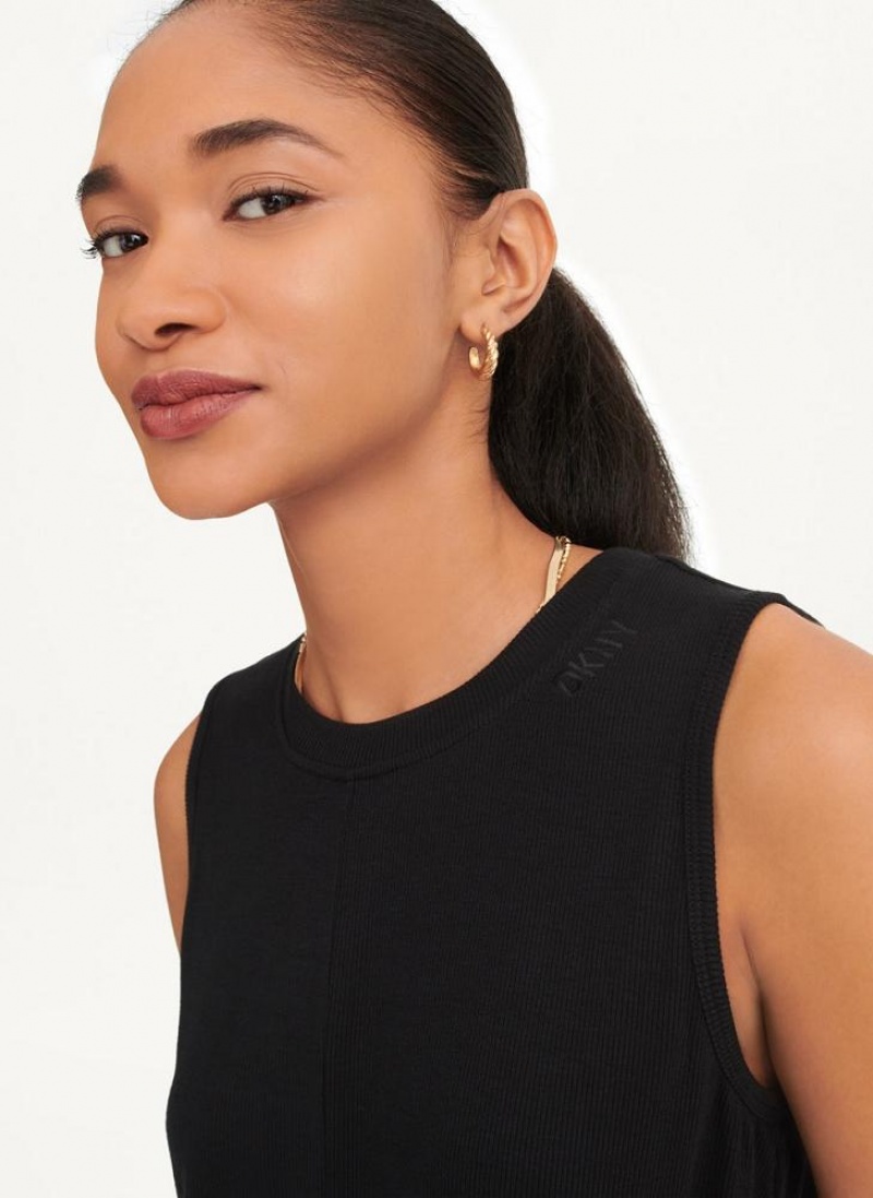 Black DKNY Rib Twist Front Women's Tank Tops | USA-D0565