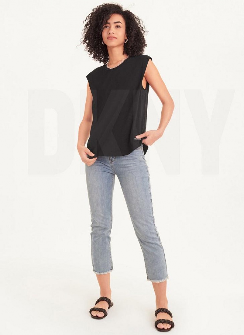 Black DKNY Round Hem Women's T Shirts | USA-D0854