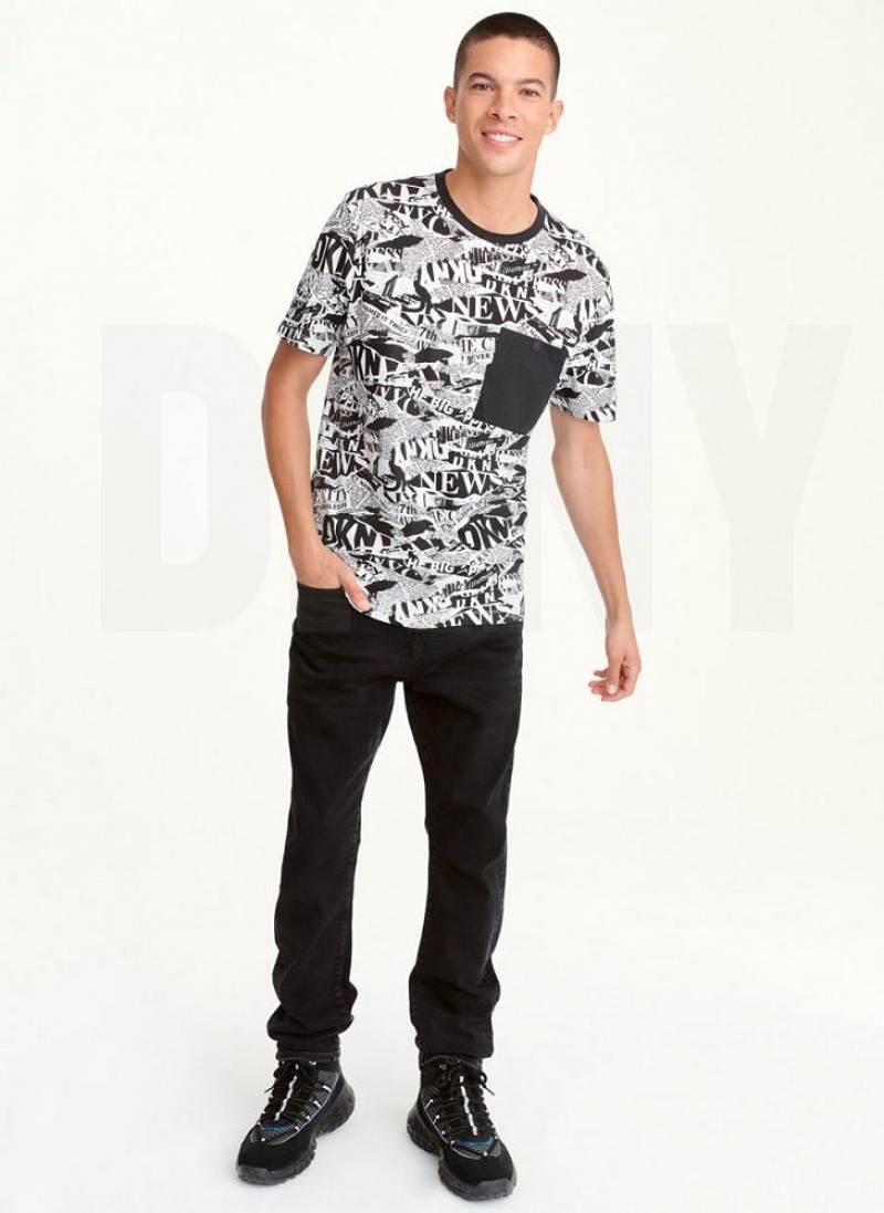 Black DKNY SHREDDED NEWSPAPER Men's T Shirts | USA-D0459