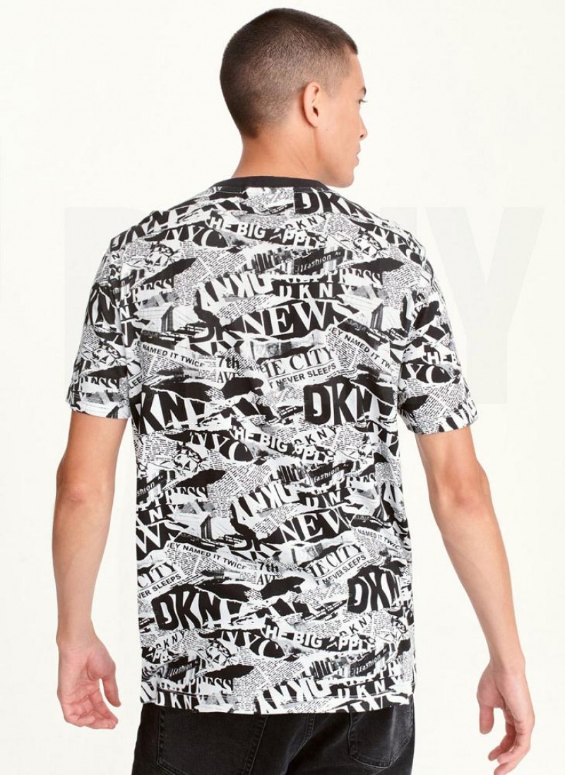 Black DKNY SHREDDED NEWSPAPER Men's T Shirts | USA-D0459