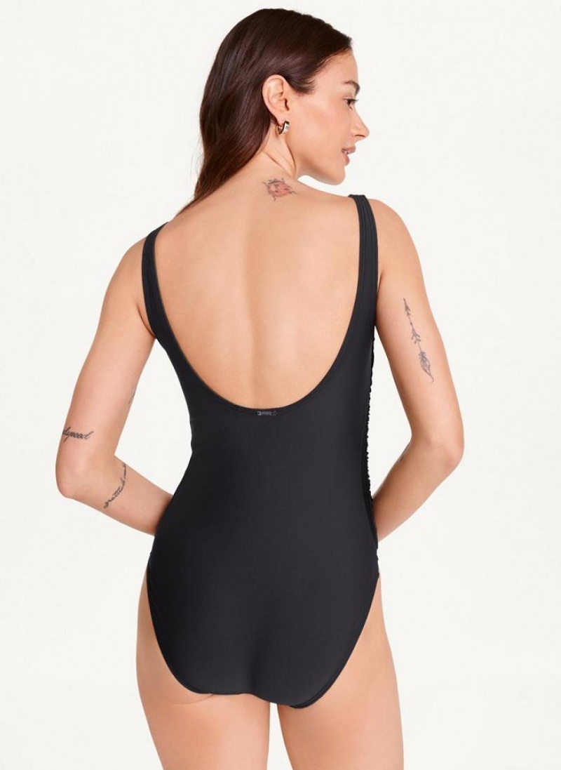 Black DKNY Scoop Neck One-Piece Women's Swimsuits | USA-D0943
