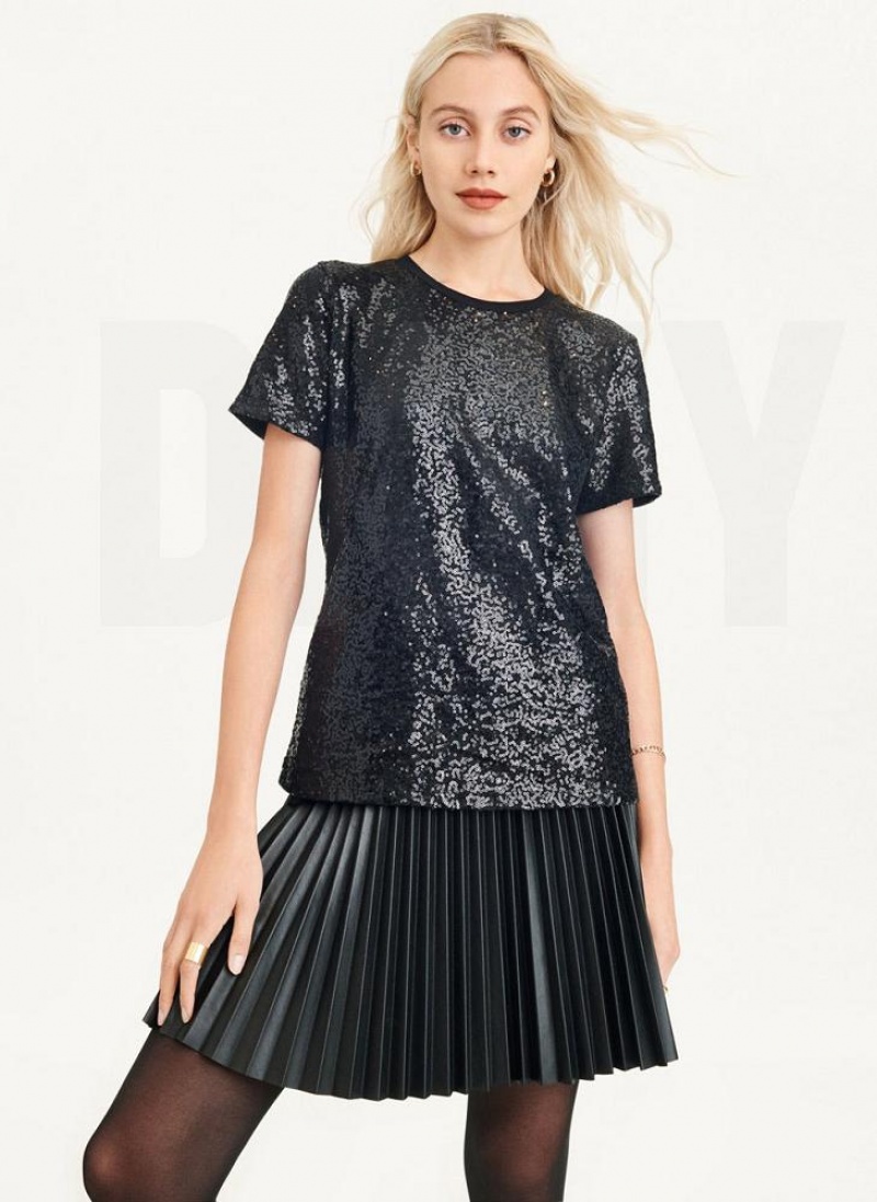 Black DKNY Sequined Women's T Shirts | USA-D1426