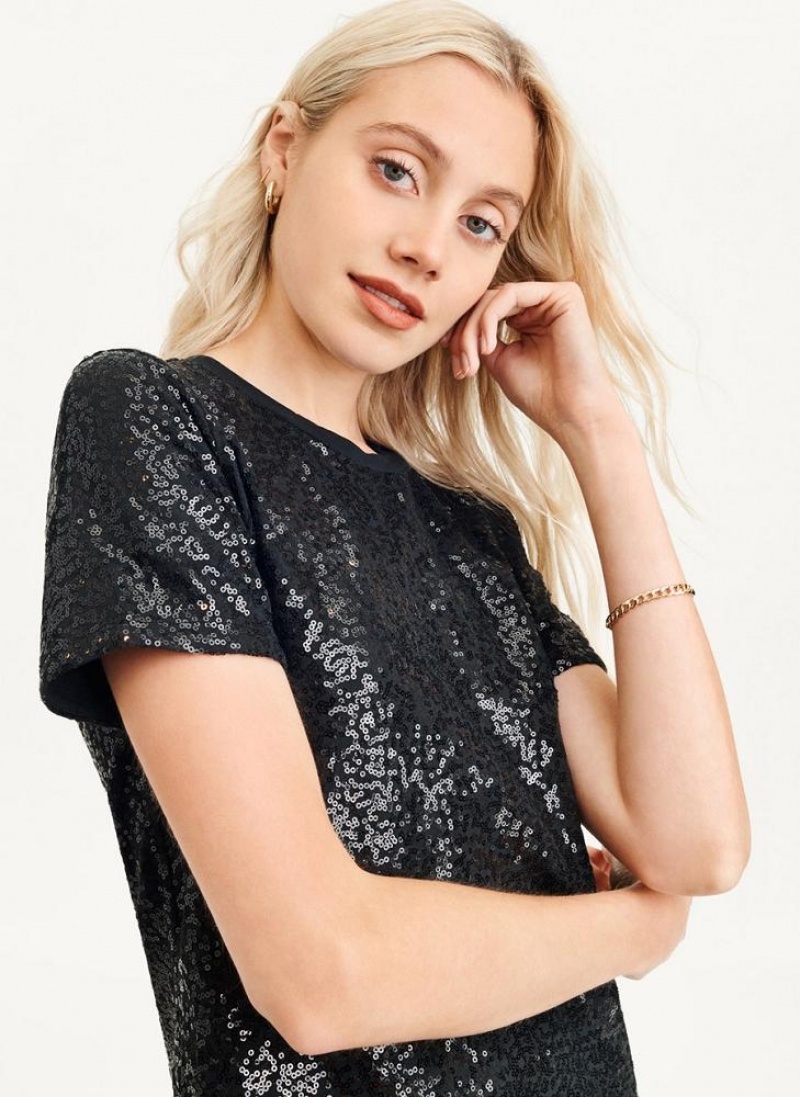 Black DKNY Sequined Women's T Shirts | USA-D1426