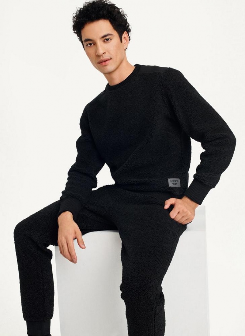 Black DKNY Sherpa Long Sleeve Crew Men's Sweatshirts | USA-D1417