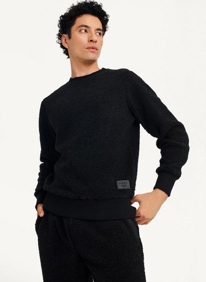 Black DKNY Sherpa Long Sleeve Crew Men's Sweatshirts | USA-D1417