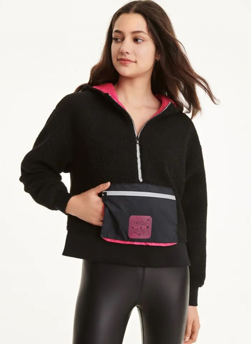 Black DKNY Sherpa with Kangaroo Pocket Women\'s Hoodies | USA-D0875