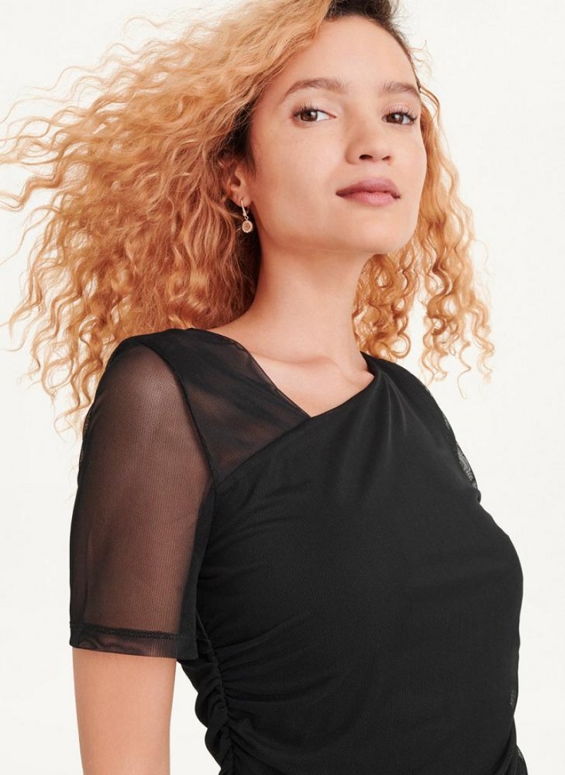 Black DKNY Short Sleeve Mesh Women's Dresses | USA-D0569