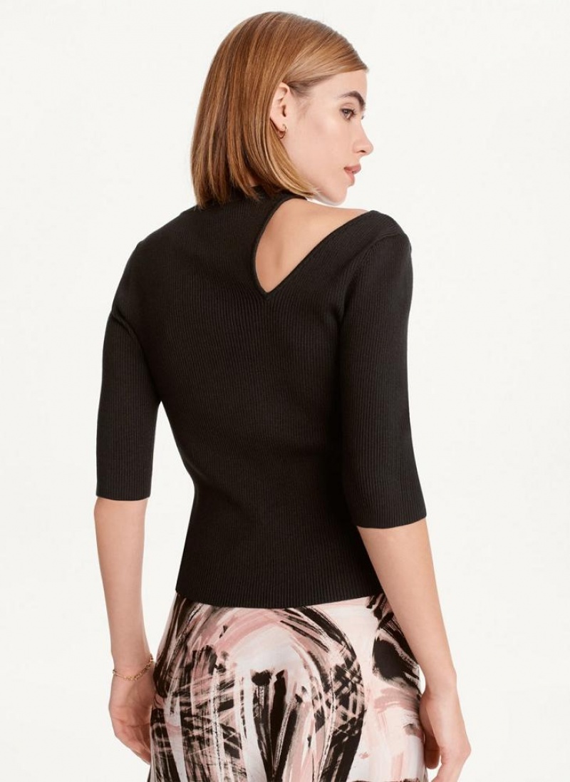 Black DKNY Short Sleeve Shoulder Cut Out Women's Sweaters | USA-D0690