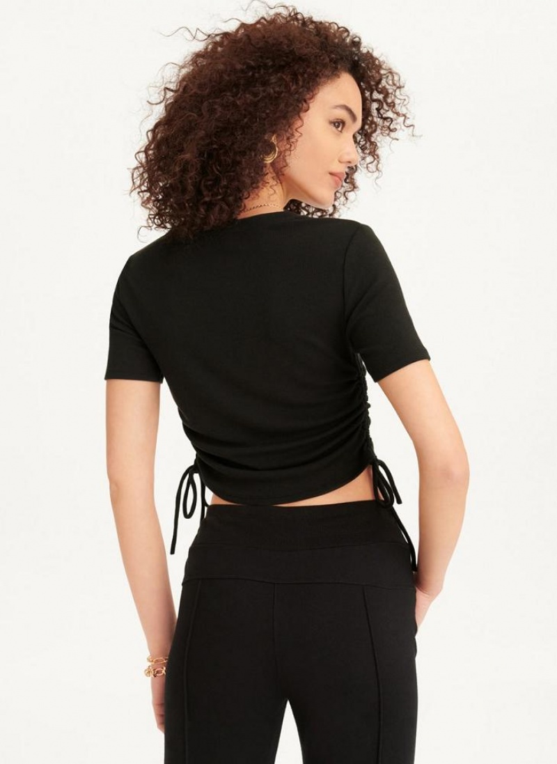 Black DKNY Short Sleeve Side Ruched Women's T Shirts | USA-D0952
