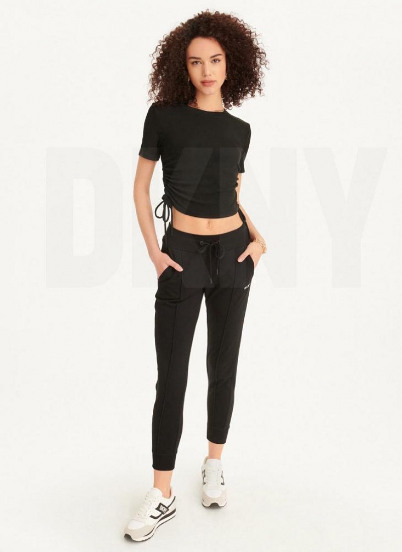 Black DKNY Short Sleeve Side Ruched Women's T Shirts | USA-D0952