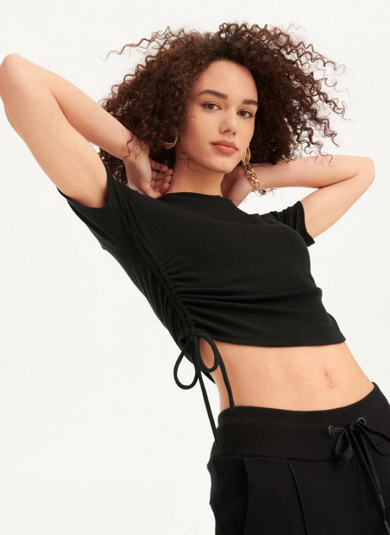 Black DKNY Short Sleeve Side Ruched Women's T Shirts | USA-D0952