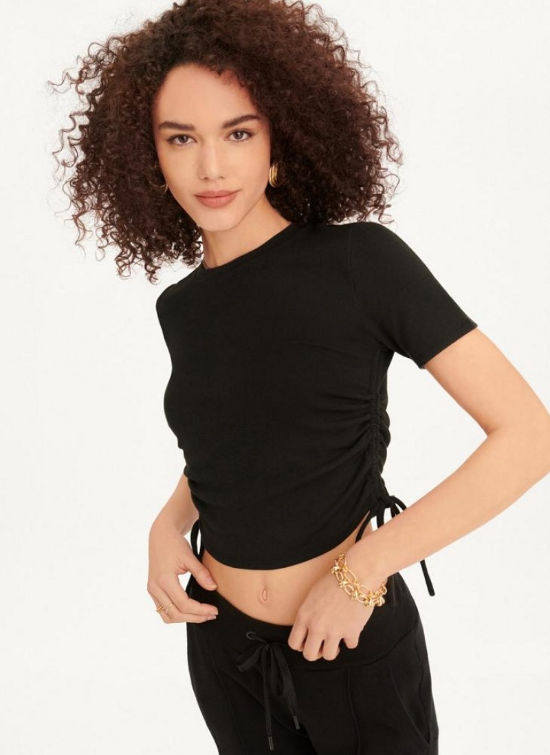 Black DKNY Short Sleeve Side Ruched Women's T Shirts | USA-D0952
