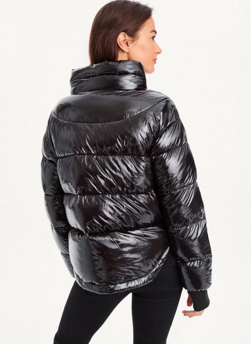 Black DKNY Short Wet Puffer Women's Coats | USA-D1890