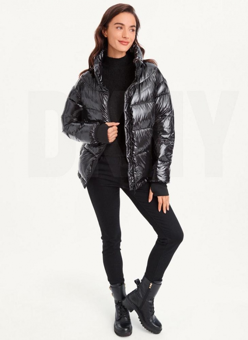 Black DKNY Short Wet Puffer Women's Coats | USA-D1890