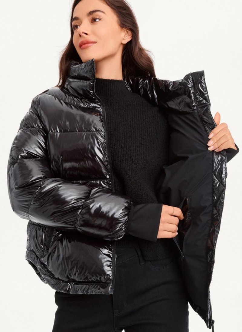 Black DKNY Short Wet Puffer Women's Coats | USA-D1890