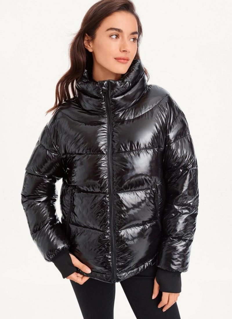 Black DKNY Short Wet Puffer Women\'s Coats | USA-D1890