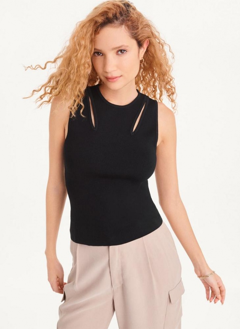 Black DKNY Shoulder Cut Out Sweater Women\'s Tank Tops | USA-D1436