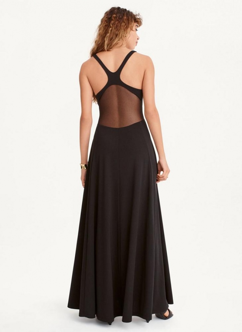 Black DKNY Side Slit Mesh Detail Maxi Women's Dresses | USA-D1346