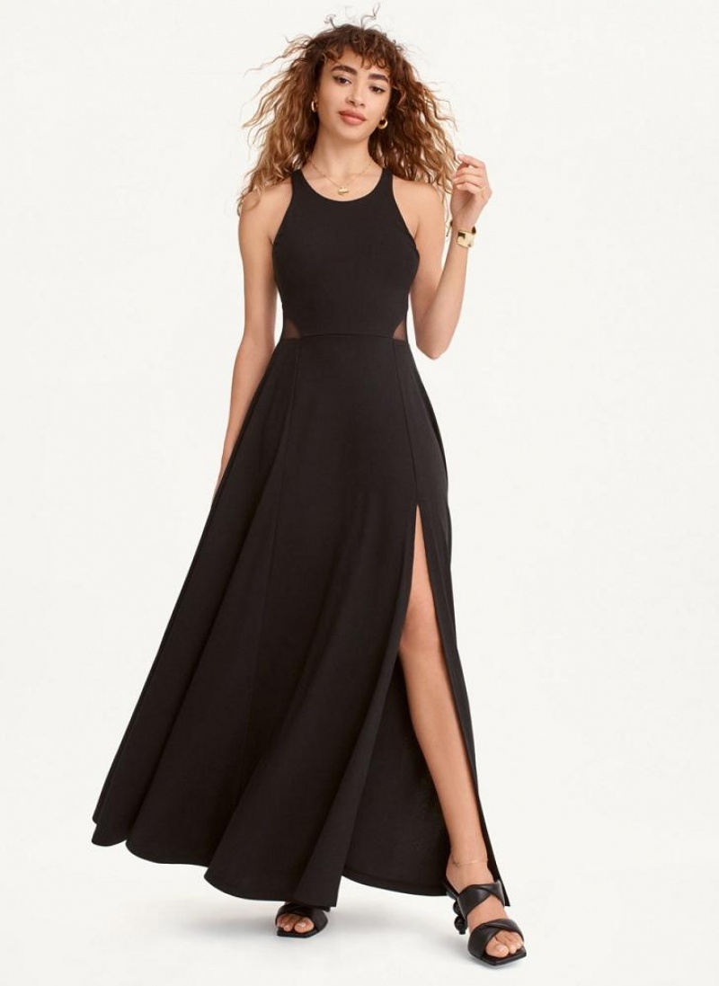 Black DKNY Side Slit Mesh Detail Maxi Women's Dresses | USA-D1346
