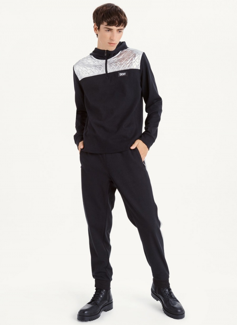 Black DKNY Silver Contrast 1/2 Zip Men's Hoodies | USA-D0695