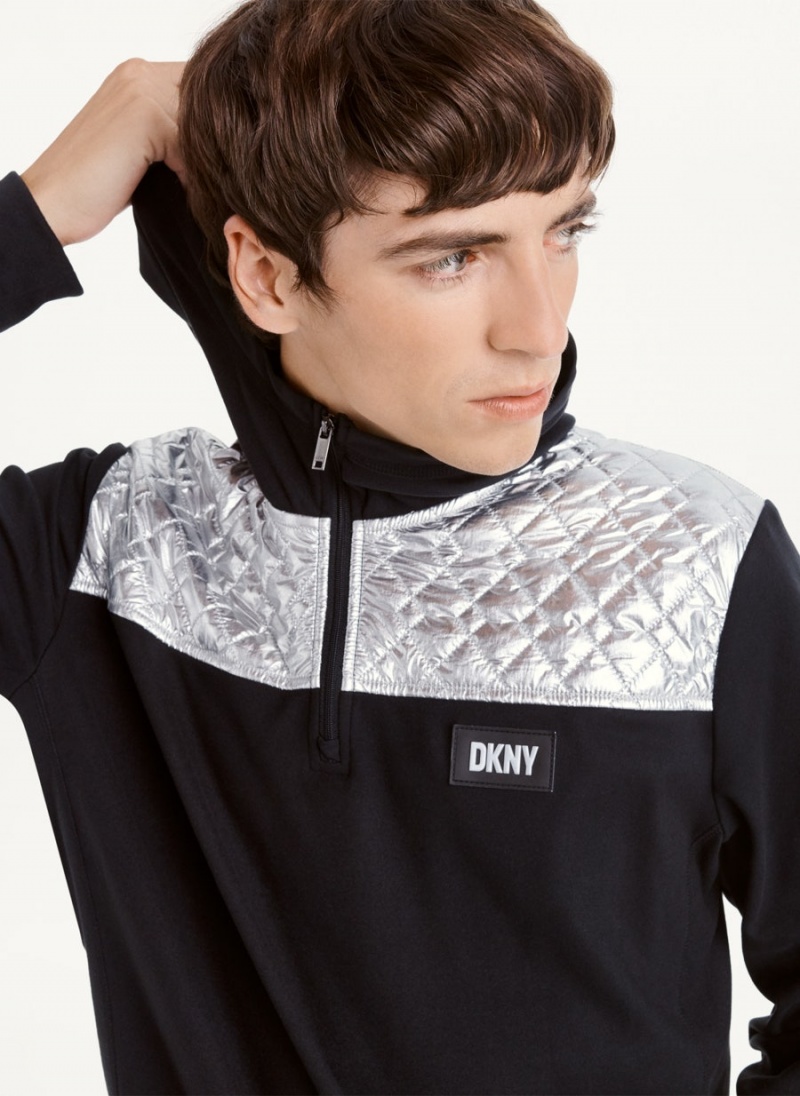 Black DKNY Silver Contrast 1/2 Zip Men's Hoodies | USA-D0695