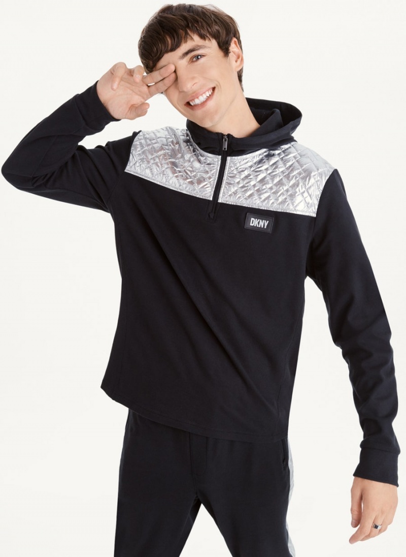 Black DKNY Silver Contrast 1/2 Zip Men\'s Hoodies | USA-D0695